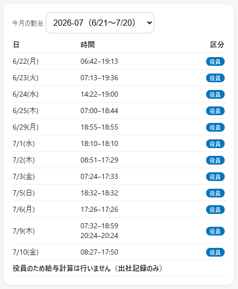 スマホで自分の今月の勤怠記録を確認する画面